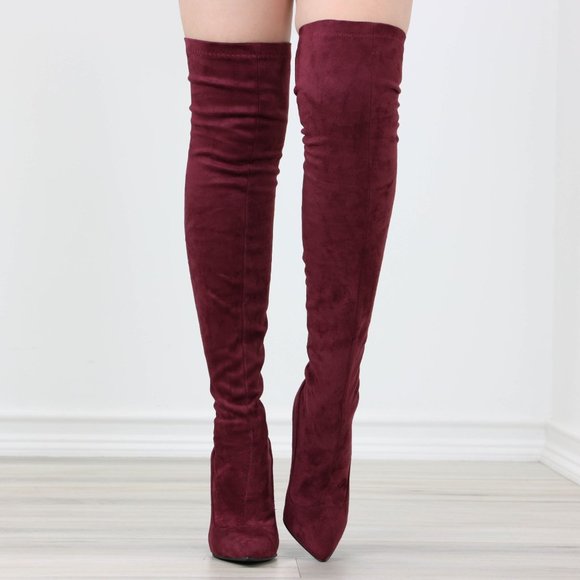 Wine Women's Thigh High Boots Faux Suede Pointed Toe Stilettos - Picture 3 of 15